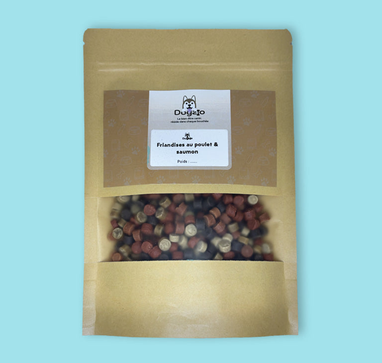 Sachet de friandise pour chiot au poulet et saumon de 200g sans sucre et riche en oméga 3&6