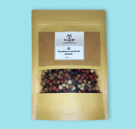 Sachet de friandises au poulet et saumon pour chiot sans sucre riche en Omége3 Oméga6- Dogzio