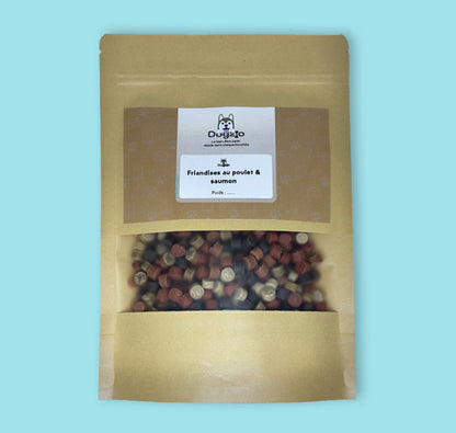 Sachet de friandise pour chiot au poulet et saumon de 200g sans sucre et riche en oméga 3&6