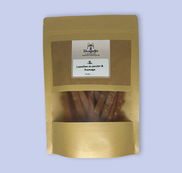 Sachet de lamelles au poulet & fromage riches en protéines savoureuses - Dogzio