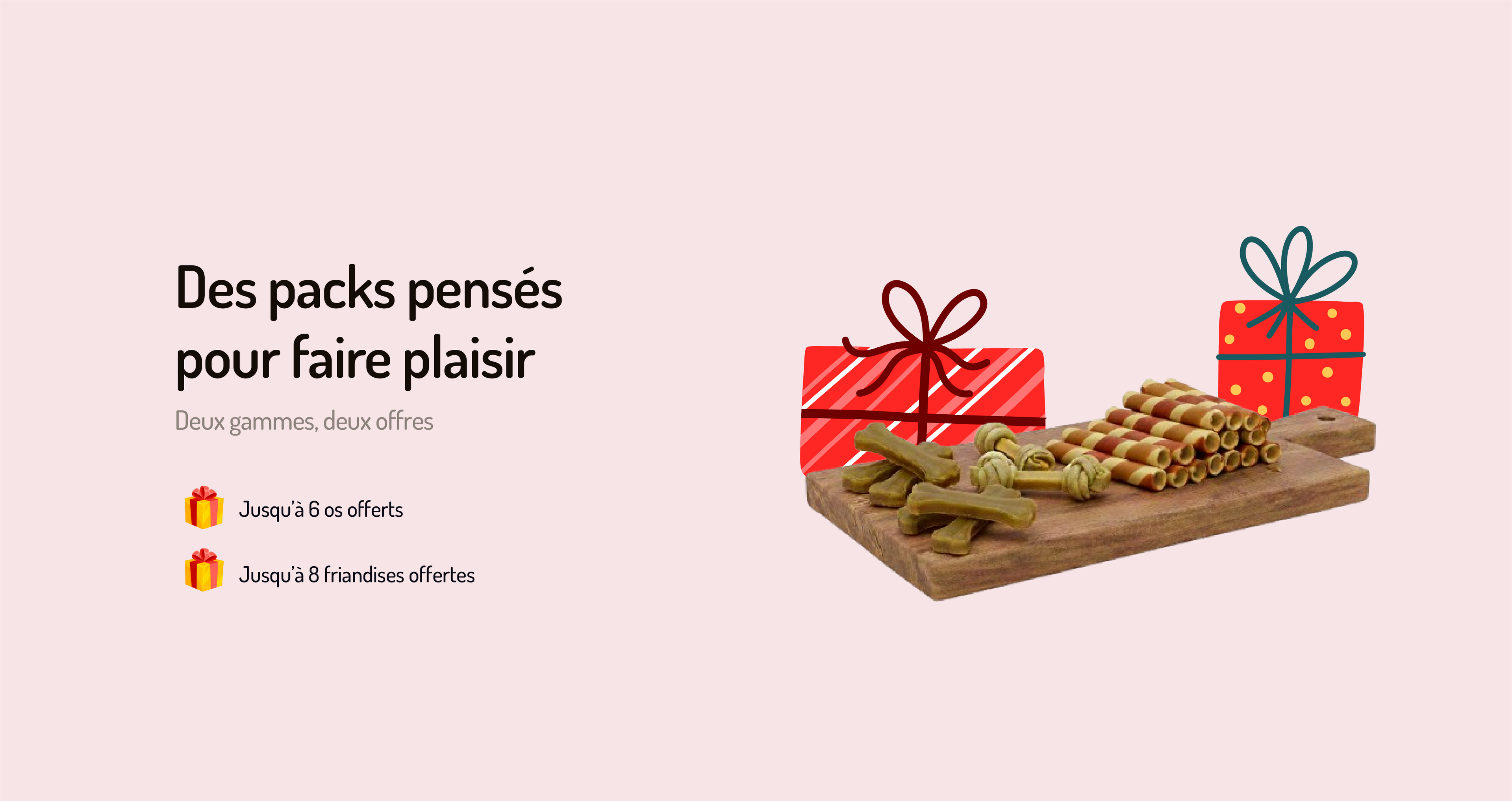 Packs promotionnels pour chiens avec os naturels et friandises, offres par quantité avec jusqu’à 6 os offerts et 8 friandises offertes.
