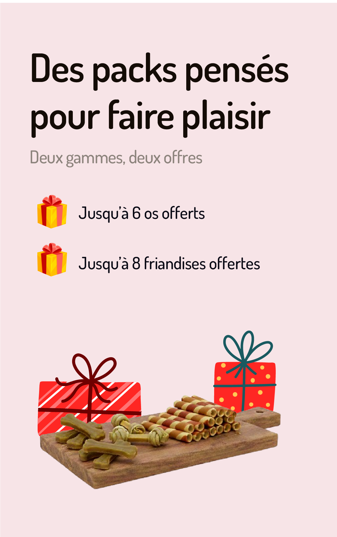 Packs promotionnels pour chiens avec os naturels et friandises, offres par quantité avec jusqu’à 6 os offerts et 8 friandises offertes.
