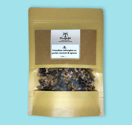 Sachet de friandises au poulet, à l'agneau et saumon pour chiot sans sucre enrichies en calcium - Dogzio